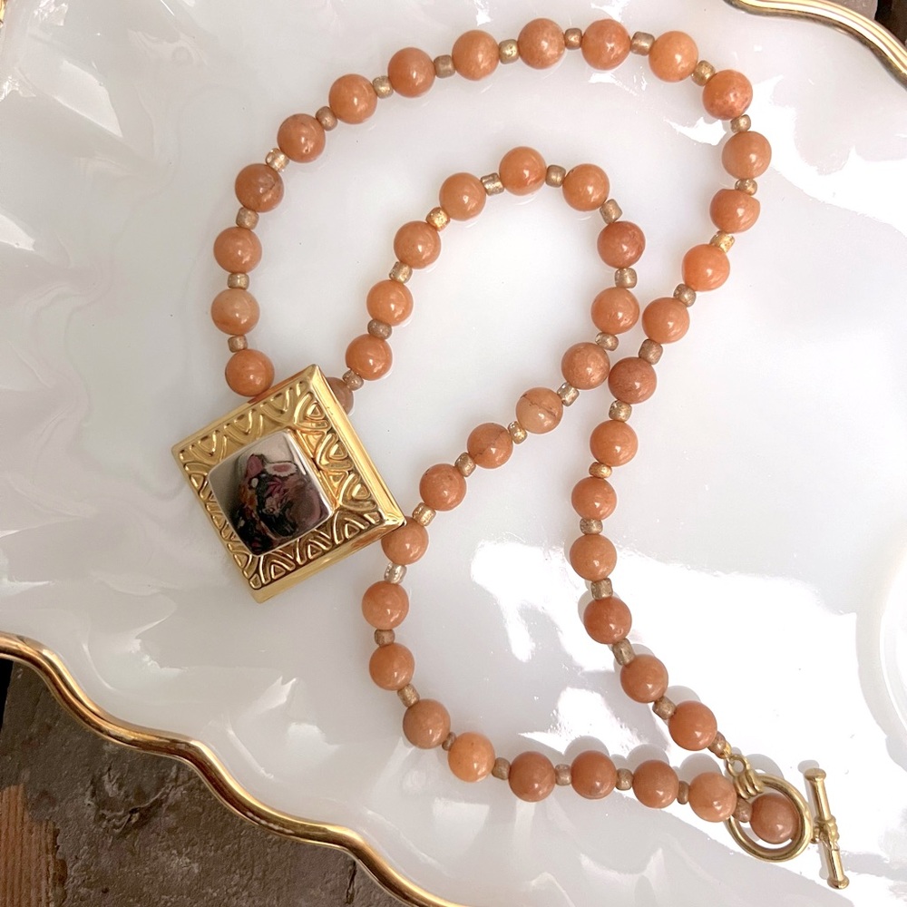 Vintage Peach Fuzz Glass Beads 22” Mirrored Tin Statement Necklace 1960’s MCM